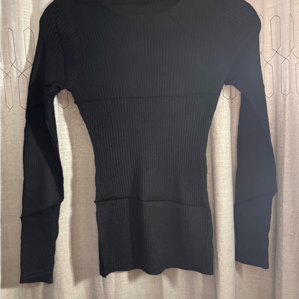 Elegant Black Ribbed Women's Stretch Long Sleeve Top